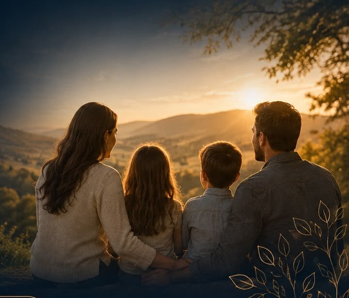 Família reunida ao pôr do sol olhando o horizonte